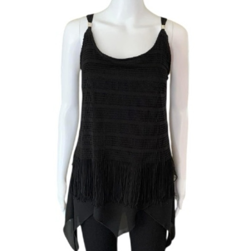Frank Lyman Design Black Fringe Tunic Top